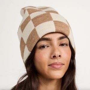 Loeffler Randall Bartlet Checker Knit Beanie Camel Cream Tan